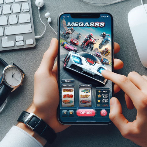 A person holding a smartphone, playing a racing-themed slot game on the Mega888client app.