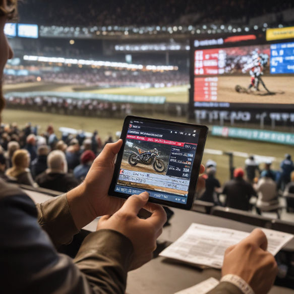 A bettor watches a live moto race on screen, clutching a betting slip with excitement.