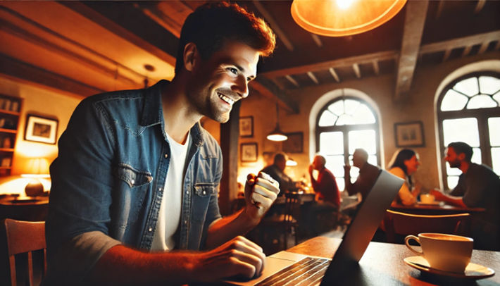 A man sits at a cozy café, intently focused on his laptop screen. As the ambient light casts a warm glow, his face lights up with a triumphant smile, suggesting a recent win in an online game.