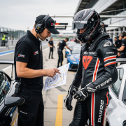 An instructor in a black polo shirt and headset points to a race track map while talking to a driver in a black and red leather racing suit and full-face helmet in a pit lane. Other race cars and people are in the blurred background.