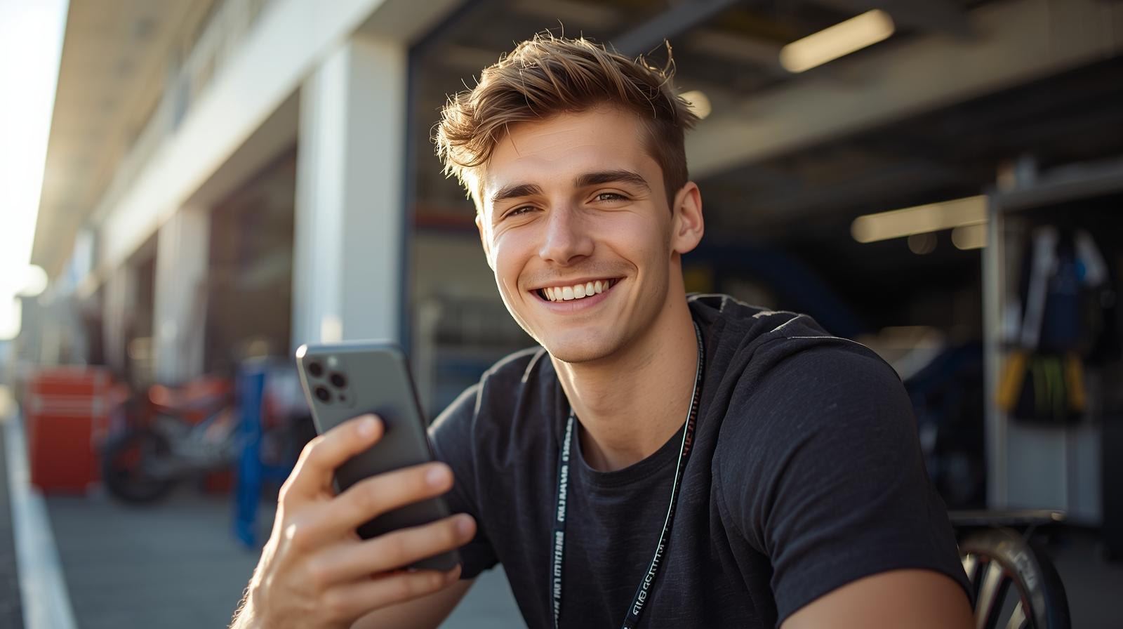 Happy man near racetrack celebrating online win while holding smartphone with blurred screen.