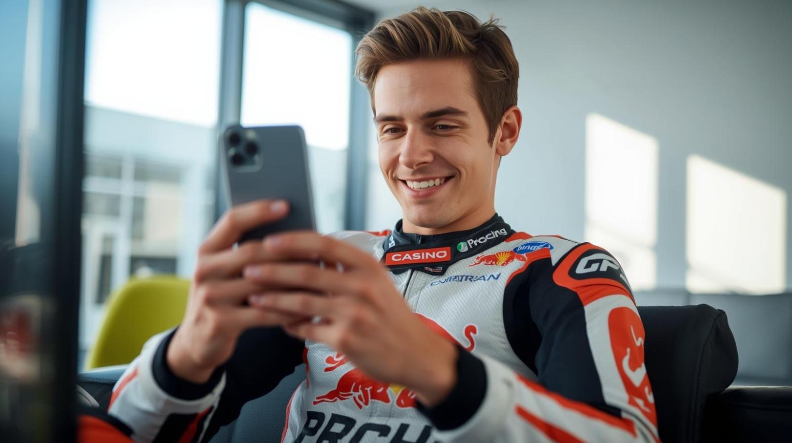 Smiling man in bright room celebrating online casino win on blurred laptop screen.