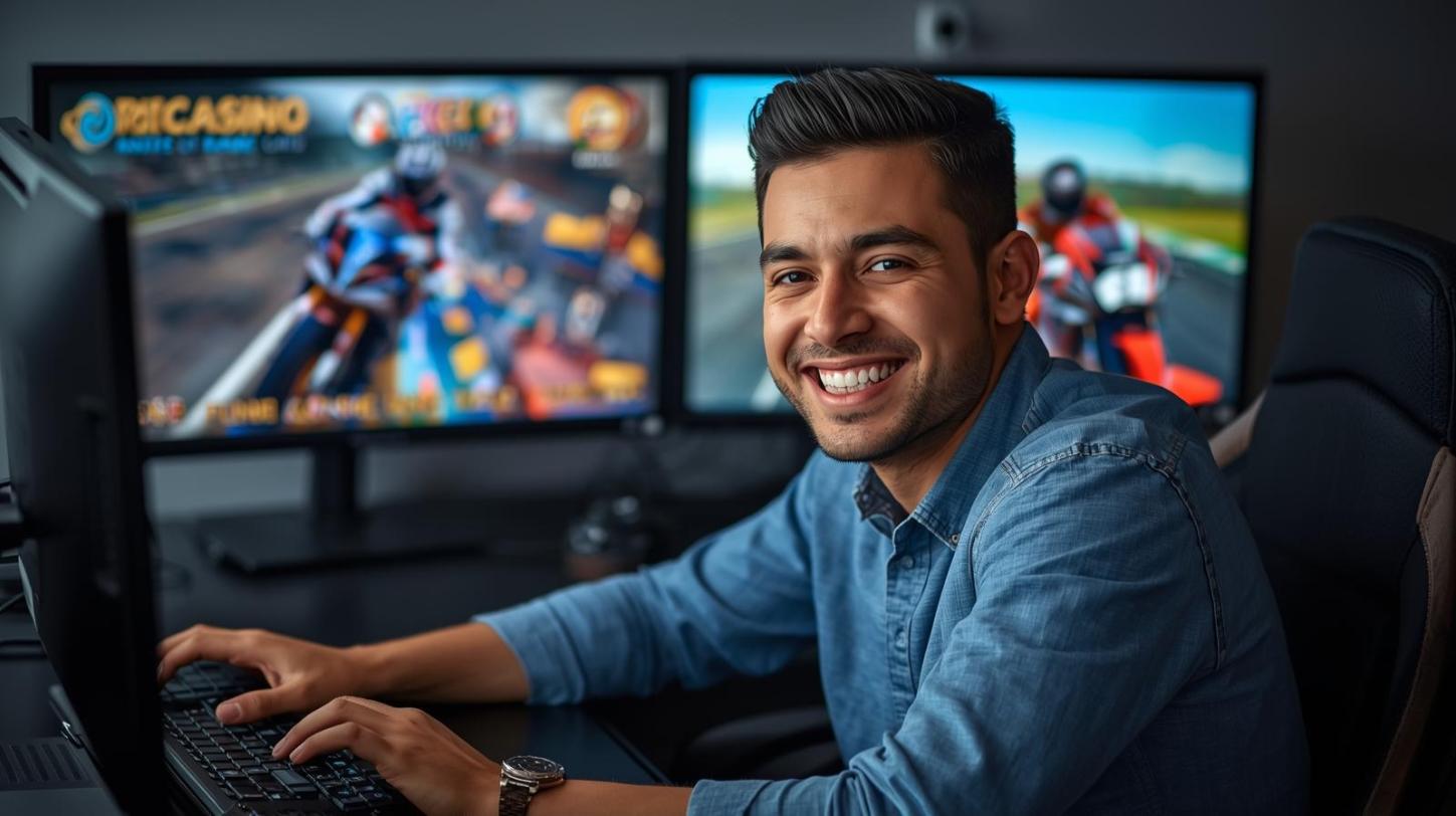 Brazilian man happily engaged with racing and casino online games.