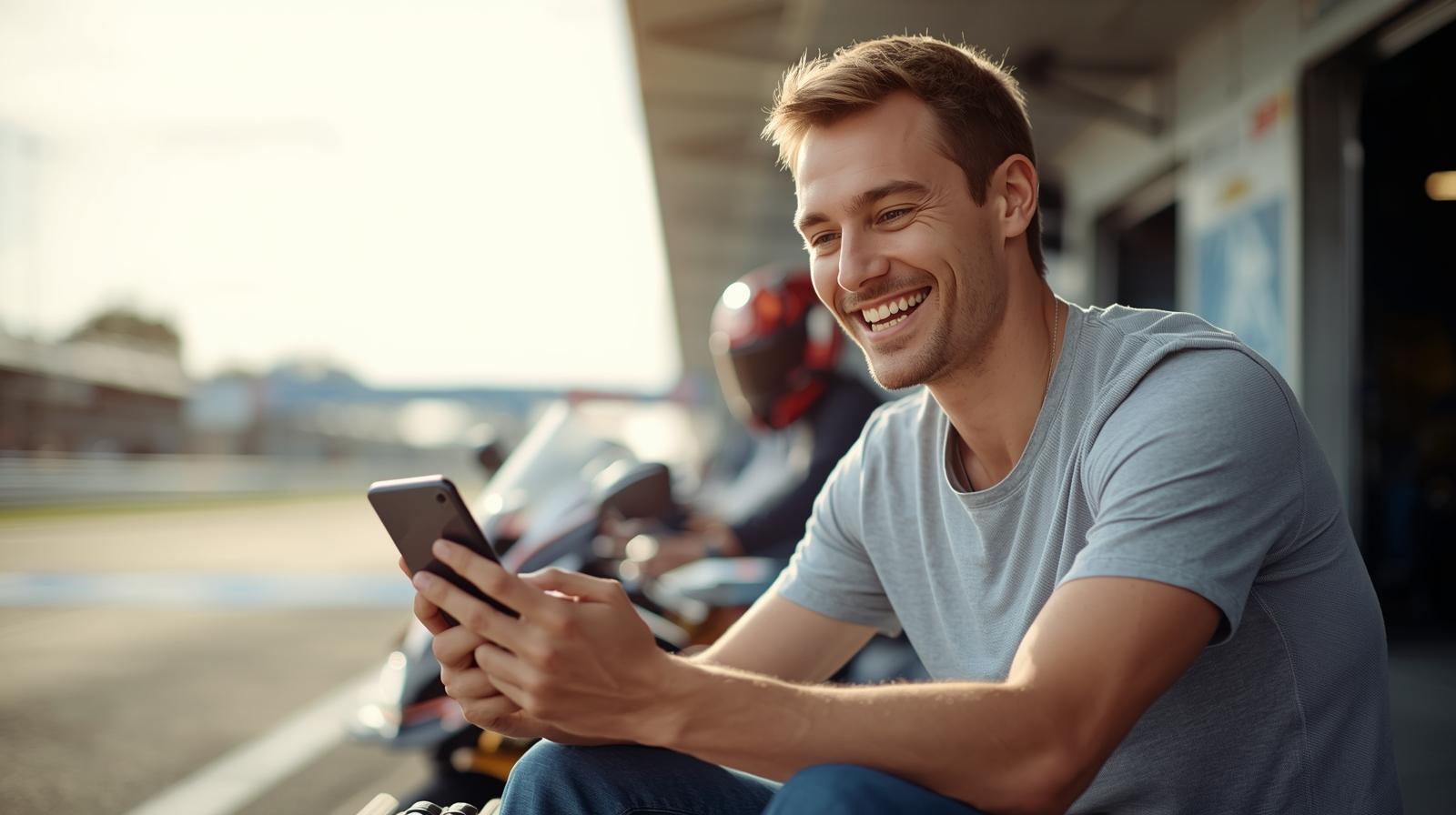 Motorcycle racing fan enjoying real time gaming on smartphone near racetrack atmosphere