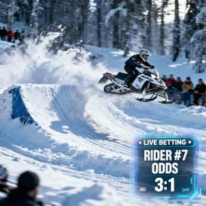 A high-speed snocross race with snowmobiles jumping over ramps, snowy terrain, action-packed scene, digital betting overlay, winter sports racing atmosphere
