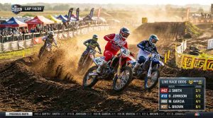 A motocross race in progress with riders speeding on a dirt track.