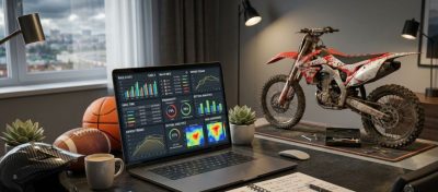 a motor sports betting setup featuring a laptop displaying race statistics and track information, a notebook with racing notes, and a motocross motorcycle in the background
